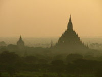 Silhouettes of temples at sunrise, Bagan, Myanmar